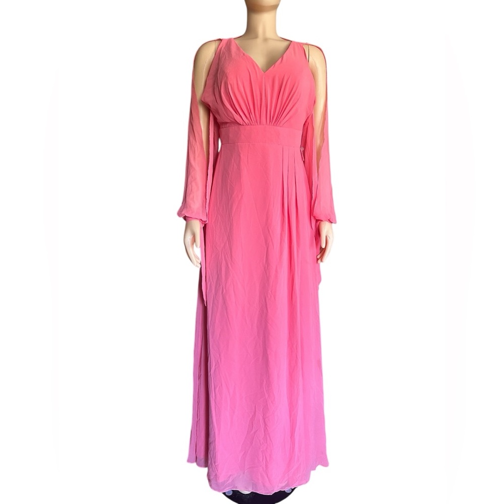 Azazie Pink Ruched V Neck Formal Maxi Dress with Fitted Waist Open Sleeves